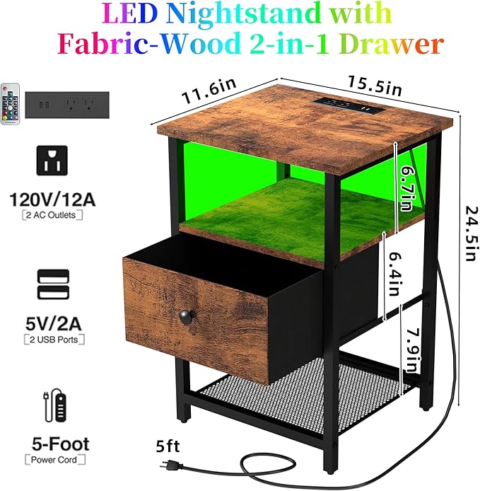 LED Nightstands Set of 2 with Charging Station, Bedside Tables with USB Ports and Outlets, End Table with Fabric-Wood 2-in-1 Drawer for Small Spaces, Vintage Side Table for Bedroom,Living Room