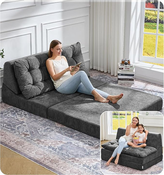 Hobestluk Sofa Couch Folding Sofa Bed Sleeper Comfy Floor Lounger Loveseat Sofa with Removable Cushion Couches Foldable Mattress for Living Room Bedroom or Office (Chenille Grey, Oversize)