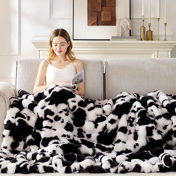 Faux Fur Throw Blanket, 1000GSM Fluffy Soft Bubble Blanket for Couch Bed, Cozy Plush Warm and Thick Blanket, Fuzzy Rabbit Throw for Living Room Bedroom 50''*60'' Cow Black