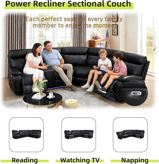 Power Reclining Sectional Sofa, 5 Seat Sectional Couch with Recliners, Breathing Leather Sectional with 2 Recliners,USB Charging Ports, Cup Holders, LED Light Strip, Living Room Furniture Set | Breathable material, LED Lighting