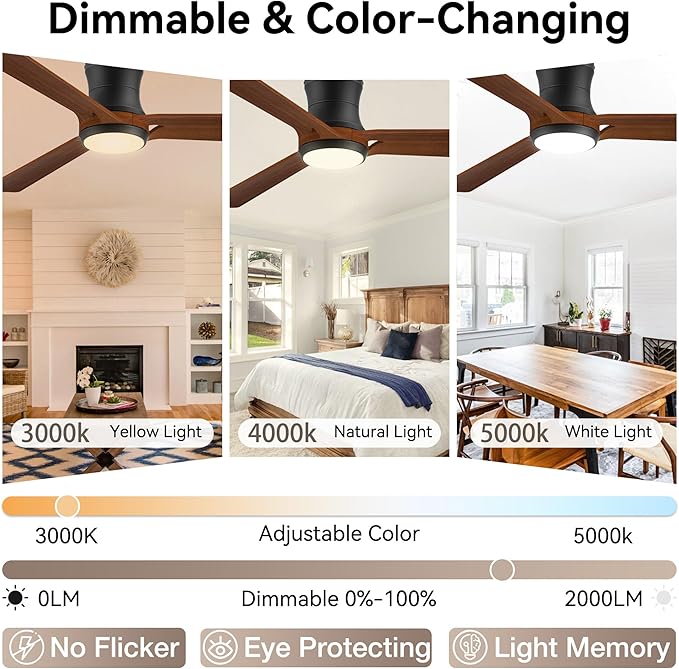 52in Smart Ceiling Fans with Lights,Low Profile Modern Wood Ceiling Fans,Remote/APP/Alexa Control,Outdoor Indoor Flush Mount Ceiling fan,for Patio Bedroom Farmhouse,3 Walnut Blade,Reversible,Quiet