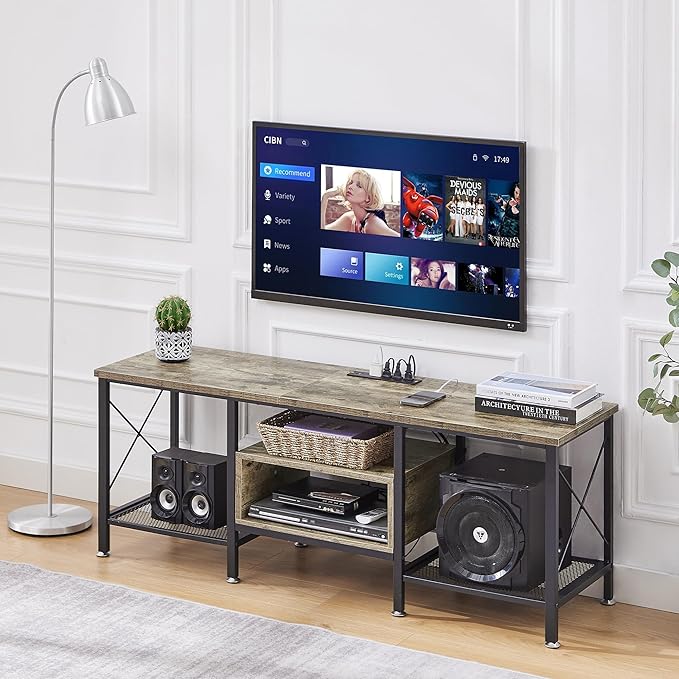VECELO TV Stand with Power Outlets for 65 Inch Industria Media Entertainment Center with Charging Station, 3-Tier Open Shelves & Metal Frame for Living Room, Bedroom, 55 Inch, Grey