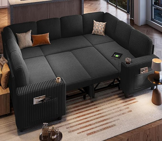 LINSY HOME Sectional Sleeper Sofa with Storage Chaise & USB Charging, Convertible Pull Out Couch Bed Plush Corduroy Modular Sectional Couches for Living Room Apartment (Black)