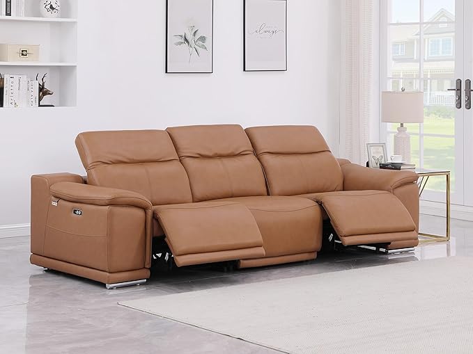 BlackJack Furniture Venice Top Grain Italian Leather Dual Power Recliner Sofa - 107" Theater Seating Modern Couch for Living Room Apartment Lounge Home with Adjustable Headrests & USB Port, Cognac