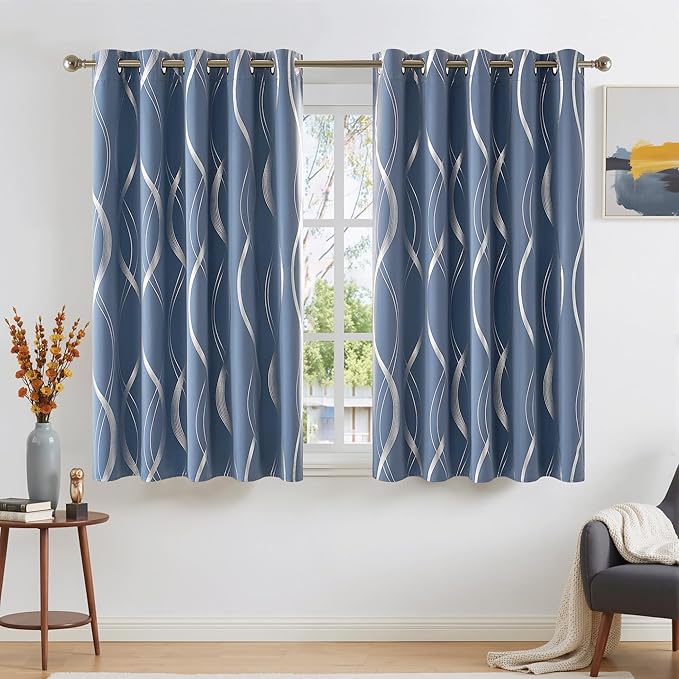 NICETOWN Stone Blue Blackout Floral Curtains 54 inch Length for Boys, Wave Line Foil Print Design Drapes for Kitchen and Nursery, W66 x L54, 2 Panels