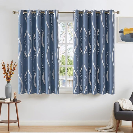 NICETOWN Stone Blue Blackout Floral Curtains 54 inch Length for Boys, Wave Line Foil Print Design Drapes for Kitchen and Nursery, W66 x L54, 2 Panels