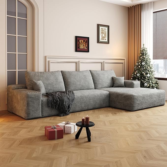 107" Oversized L Shaped Couch with Chaise, Minimalist Compressed Boneless Couch No Assembly Required, Modular Cloud Sectional Sofa for Living Room Bedroom, Right Facing Chaise, Plush Corduroy, Grey