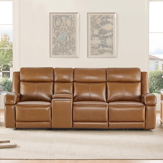 Watson & Whitely Genuine Leather Power Recliner Sofa, 3 Seater Wall Hugger Reclining Sofas with Storage Console, Power Headrest, USB, Electric Recliner Couch Set for Living Room, Saddle Brown