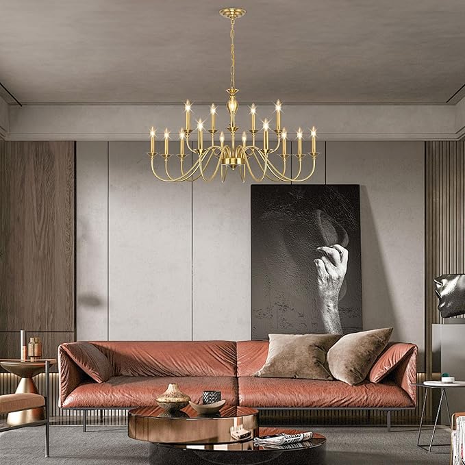 15 Light Gold Chandelier | Large Farmhouse Chandeliers for Dining Room Light Fixtures Over Table | Industrial Candle Hanging Lighting for Foyer | Staircase | Bedroom | Kitchen Island | Restaurants