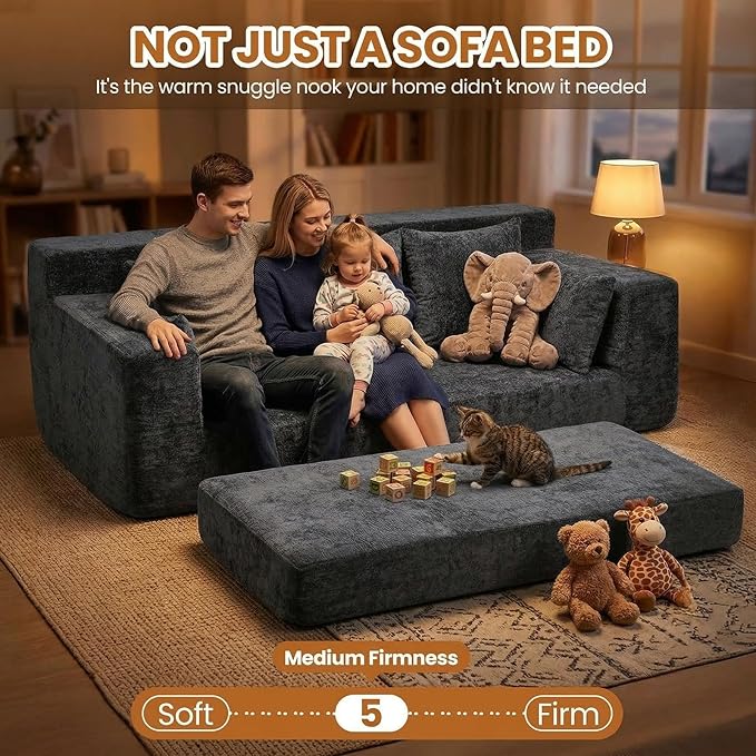 Convertible Sofa Bed, 5 in 1 Small Boneless Couch Pull Out Loveseat Sleeper Sofa,Corduroy Futon Couch Folding Mattress with 4 Pillows for Living Room Bedroom Lounge (Dark Gray, 3 Seater)