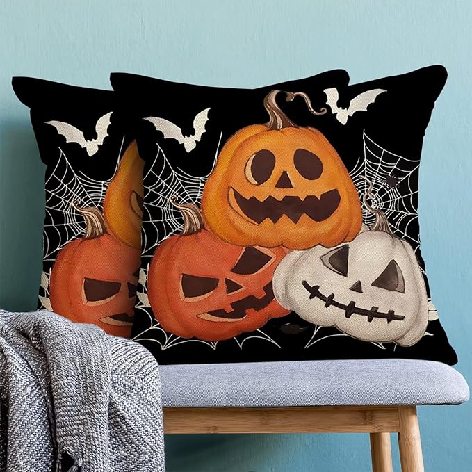 Halloween Pillow Covers 20 x 20 Inch Pack of 2, Black Pumpkin Bat Spider Web Decorative Throw Pillow Covers Vintage Linen Farmhouse Outdoor Halloween Pillowcase for Bedroom Home Sofa Decor