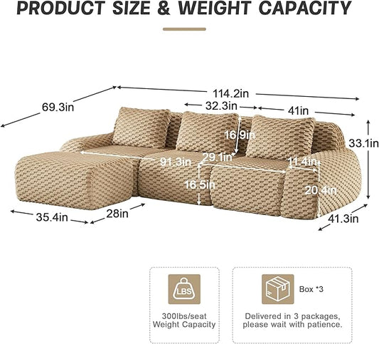 KEIKI 114" Oversized 3-Seater Boneless Couches for Living Room, Flexible Modular Sectional Velvet Sofa L-Shaped, Deep Seat Soft Lounge Couch No Assembly, Modern Comfort Apartment Design,Light Camel