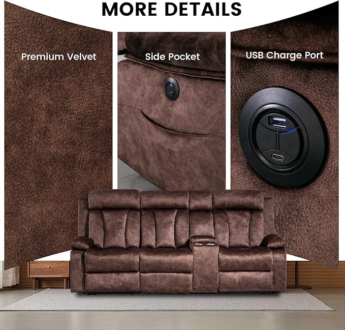 Electric Power Reclining Sofa, 3-Seater Sofa with Flip-Top Console, Massage & Heat, Recliner Couch with Storage, USB Ports, and Cup Holders - Perfect for Living Room Comfort (Brown)