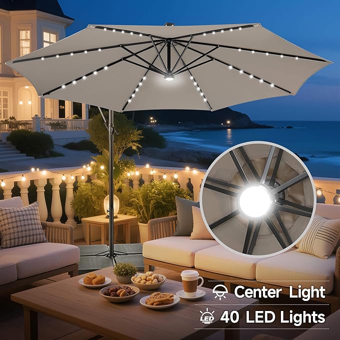 FLAME&SHADE 10ft Solar Cantilever Umbrella with 40 LED Lights, Lighted Large Offset Outdoor Patio Umbrellas, 8 Sturdy Ribs, UPF50+ UV Protection for Pool Deck Garden Yard, Taupe