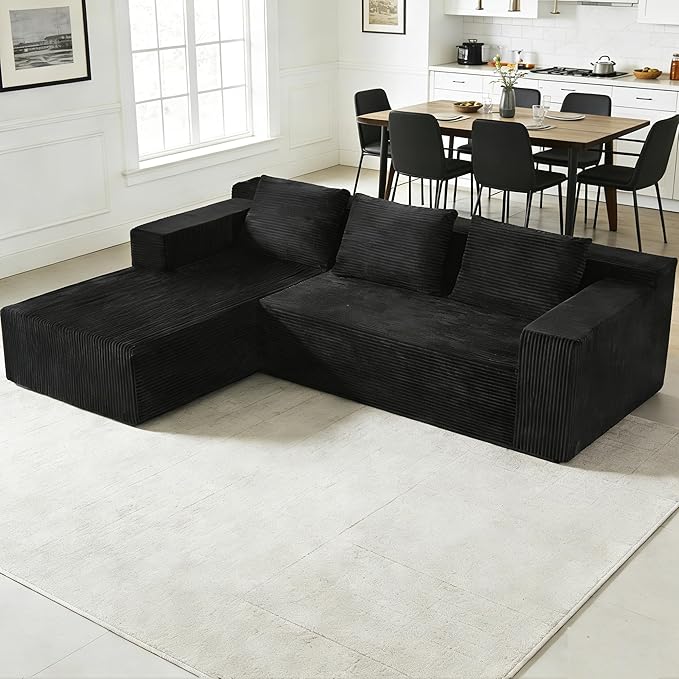 Nigoone 103" Sectional Couch for Living Room, Modular L Shaped Black Couches, Large Minimalist Modern Deep Seat Boneless Sofa, Corduroy, No Assembly | 16" Seat Height
