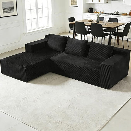 Nigoone 103" Sectional Couch for Living Room, Modular L Shaped Black Couches, Large Minimalist Modern Deep Seat Boneless Sofa, Corduroy, No Assembly | 16" Seat Height