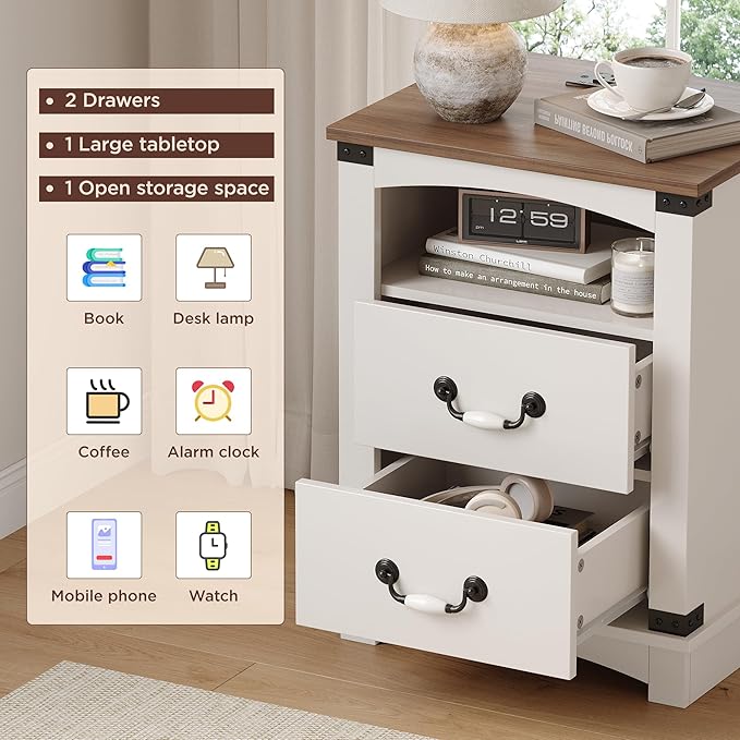 Maupvit Farmhouse Night Stand with Charger Station & Ceramic Handle, Wood Nightstand with 2 Storage Drawers, LED Bedroom Nightstand, Bedside Tables, Antique White
