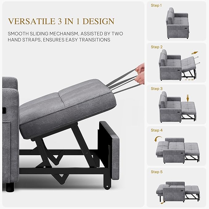 YITAHOME 55" Convertible Sofa Bed, 3-in-1 Sleeper Sofa with Pull-Out Bed, Cat-Scratch-Proof Futon Couch with 5-Levels Reclining Backrest, USB and Side Pocket, Modern Loveseat for Living Room, Grey