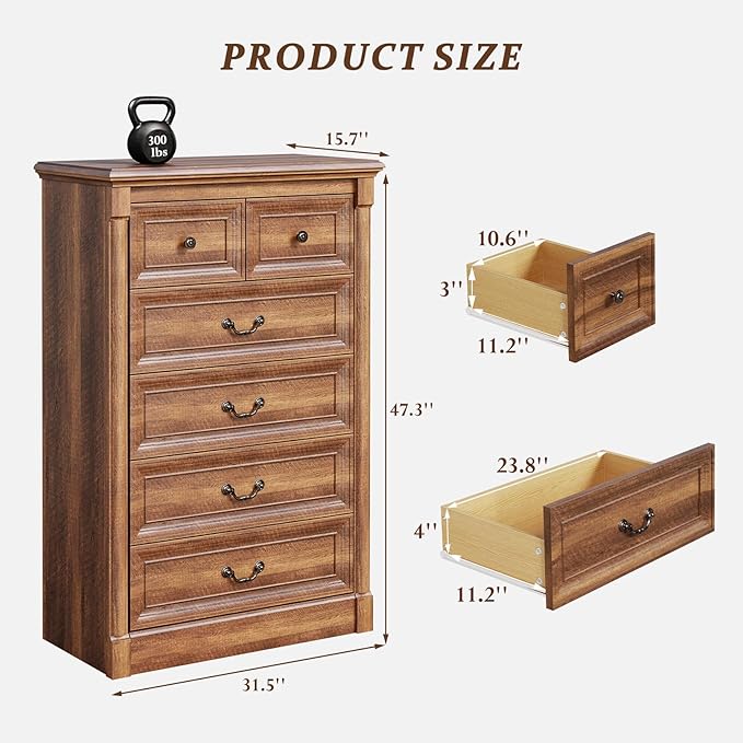 Concho Farmhouse 6 Drawers Dresser for Bedroom, Tall Wood Chest of Drawers with Spacious Storage Space, Rustic Storage Dressers Organize, TV Stand for Living Room, Bedroom, Rustic Brown