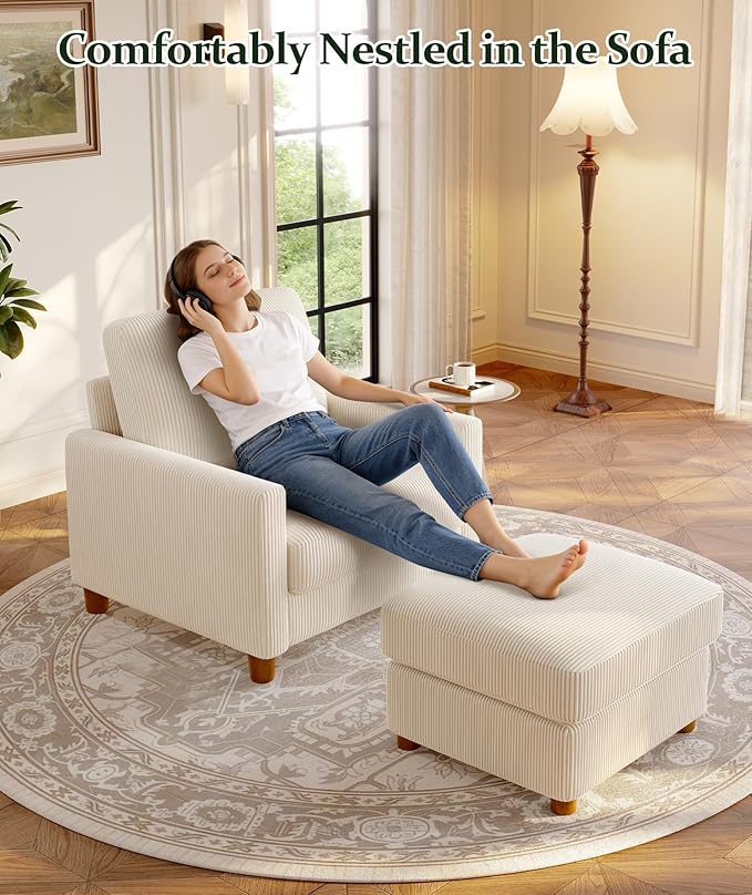 Welzona 35.3" Couches for Living Room, Comfy Beige Couch Single with 22.5" Deeper Seat, Accent Chair Tool-Free Setup, Reading Chair 440lbs Support, Corduroy Couch for Bedroom, Apartment, Office
