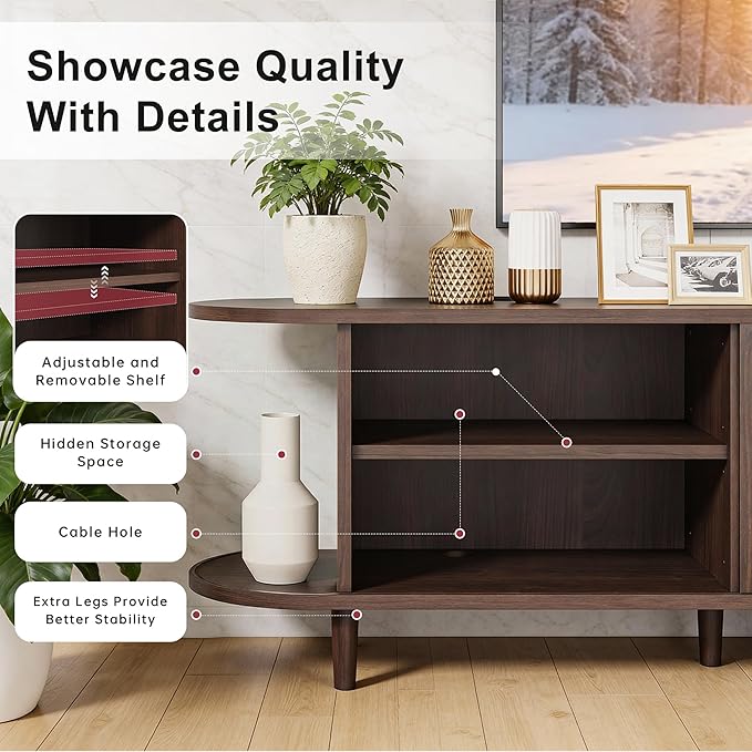 70" Mid Century Modern TV Stand, Wood TV Consoles with Sliding Doors and Power Outlet, Entertainment Center with Adjustable Shelves, Fluted TV Stands for Living Room, Walnut