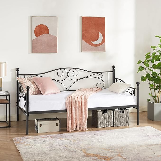 VECELO Daybed Frame, Twin Size Metal Platform Bed with Headboard,Heavy Duty Steel Slats Support for Living Room Bedroom Guest Room, Easy Assembly