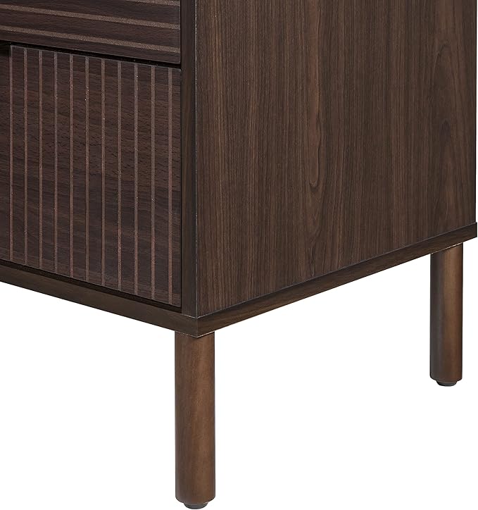 SANGO Merk 2-Drawer Nightstand, Modern Walnut Bedside Table with Cylindrical Wood Legs, Vertical & Horizontal Groove Patterns, Discreet Metal Finger Pulls, Smart Storage for Office or Living Room
