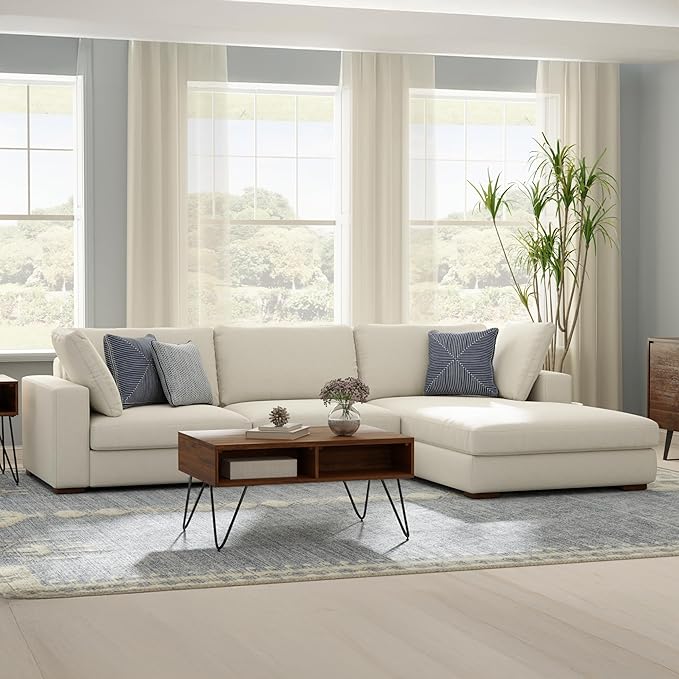 SIMPLIHOME Charlie Right-Facing Sectional Sofa in 100% Recycled Polyester Tightly Woven Performance Fabric, Cream, 122-inches Wide, Handcrafted Contemporary Style L-Shaped Couch with Chaise
