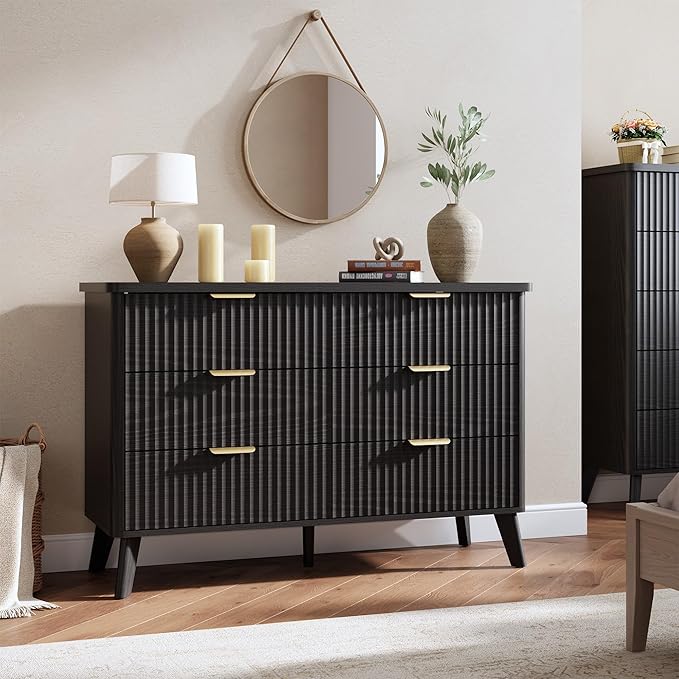 Garvee 6 Drawers Dresser for Bedroom, 47.2" Wide Dressers with Curved Profile Design, Fluted Wood Drawers with Gold Handle, Modern Chest of Dressers with Thickened Design for Living Room, Black