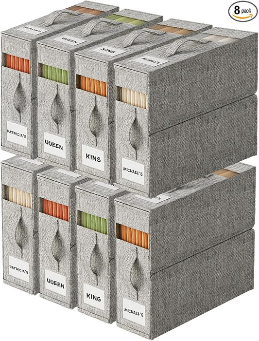 8Pack Sheet Organizers and Storage with Handles – Foldable Linen Closet Storage for King & Queen Sheet Sets – Clear Window & Removable Labels – Dustproof & Space-Saving Design, 8Pack, Grey