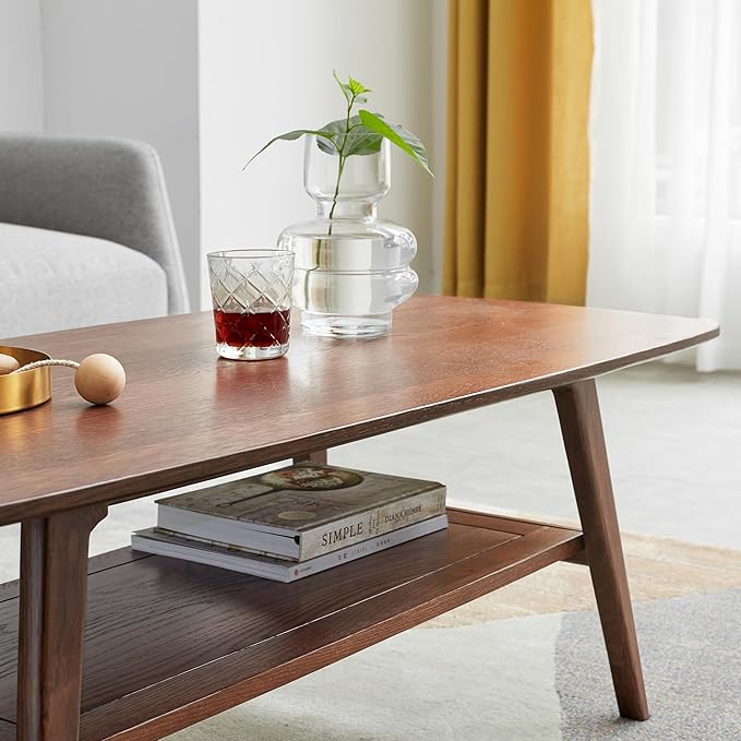 Ball & Cast 39.37" Solid Wood Coffee Table, Mid Century Center Table with Shelf Storage, 2-Tier Small Coffee Table with Rounded Edges for Living Room, Easy to Assemble,Walnut