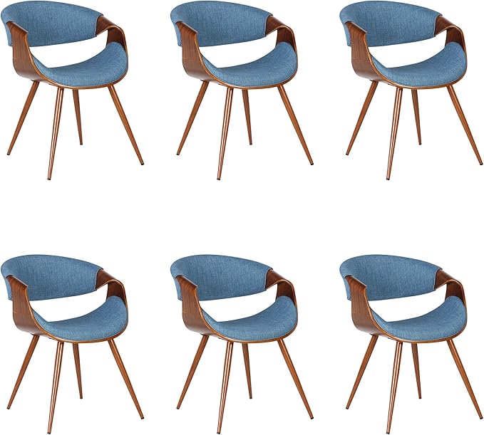 Armen Living Butterfly Mid-Century Dining Chair in Walnut Finish and Blue Fabric - Set of 6