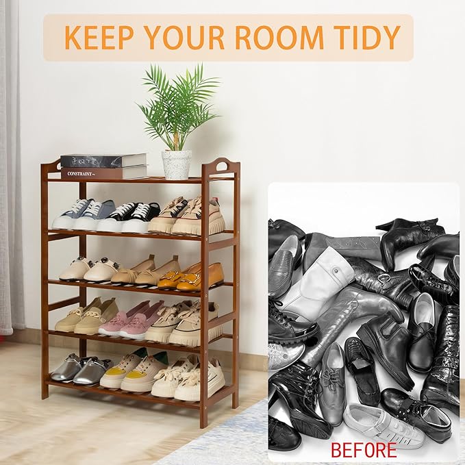 5 Tier Bamboo Shoe Rack, Free Standing Shoes Rack Shoe Shelf Shoe Organizer for Closet, Entryway, Bedroom, Living Room, Front Door, Studio, Bathroom