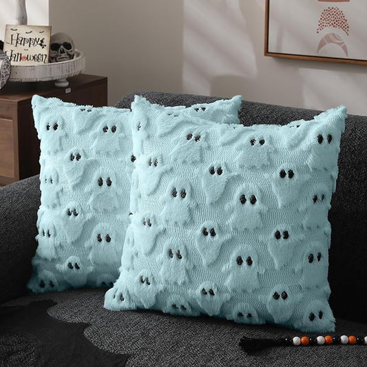 DFXSZ Halloween Pillow Covers 20x20 inch Set of 2 Blue Ghost Throw Pillow Cases Soft Plush Faux Fur Wool Couch Cushion Case for Chair Sofa Bedroom Living Room Home Decor PTK03G20