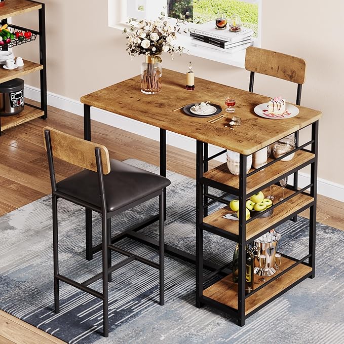 Amyove Dining Table Set for 2, Bar Table and Chairs for 2, Kitchen Table Set with 2 Upholstered Chairs, 3 Large Storage Shelves, Pub Table Set for Small Space, Apartment, Breakfast, Rustic Brown