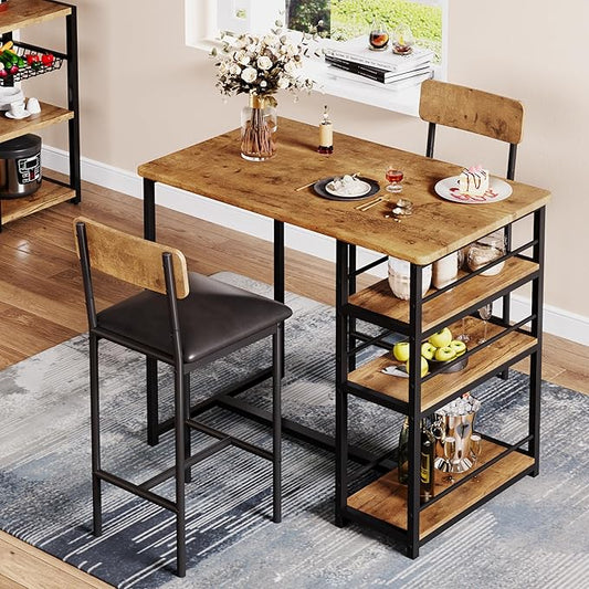 Amyove Dining Table Set for 2, Bar Table and Chairs for 2, Kitchen Table Set with 2 Upholstered Chairs, 3 Large Storage Shelves, Pub Table Set for Small Space, Apartment, Breakfast, Rustic Brown
