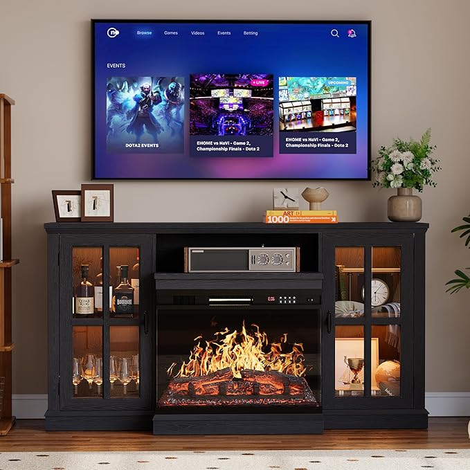 YESHOMY Glass Fireplace TV Stand for Televisions up to 65", Media Entertainment Center Console Table with Led Lights, Black