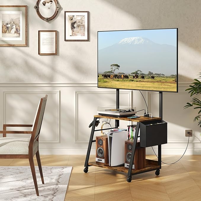Mobile TV Stand with Charging Station, Adjustable Mount and Wheels, Rolling TV Console Table, Entertainment Center, for up to 75 inch TVs, 3-Tier Storage Shelf, Rustic Brown and Black TDS03UBF