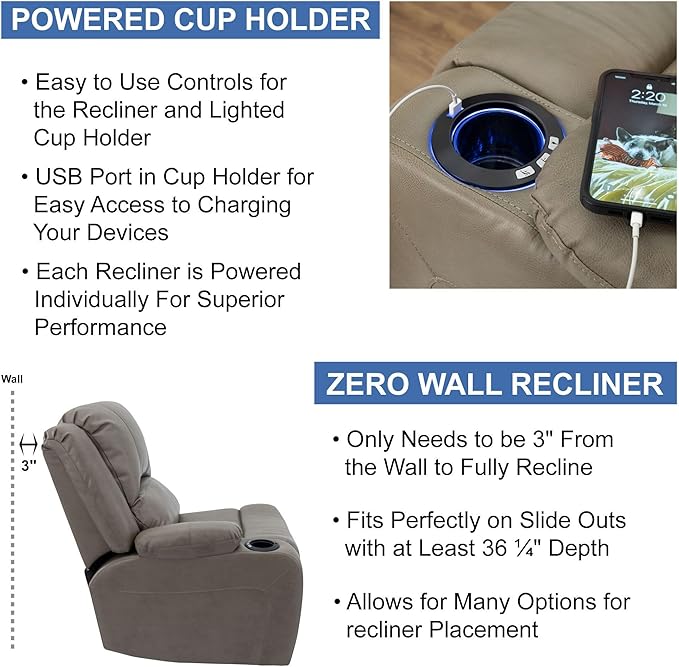 RecPro Charles 64" Powered Recliner RV Sofa with Console and Cupholders | Zero Wall Loveseat for Camper | Wall Hugger Couch with Upgraded 2023 Fabric (Putty)