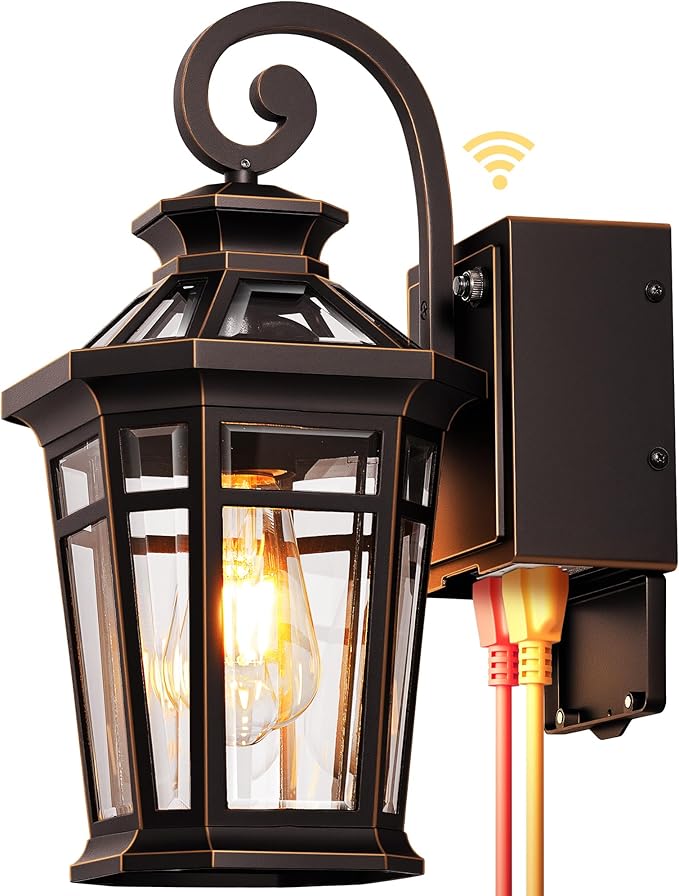 Outdoor Wall Light with GFCI Outlet, Oil Rubbed Bronze Dusk to Dawn Front Porch Light, Exterior Lighting Fixtures with Outlet, Outdoor Sconce Lights Wall Mount, Outside Lights for Patio, Garage