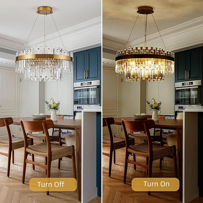 Modern Luxury Brushed Gold Round Crystal Chandelier, 9-Light 2-Tier Raindrop Adjustable Flush Mount Pendant Light for Dining Room, Living Room, Foyer, Entryway - 23.6" D, E12 Base