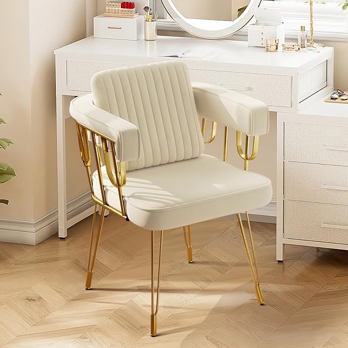 Vanity Chair with Back, Velvet Upholstered Accent Makeup Chairs No Wheels with Golden Legs for Modern Glam Living Room Bedroom Home Office Nail Spa, Girls & Women, Beige
