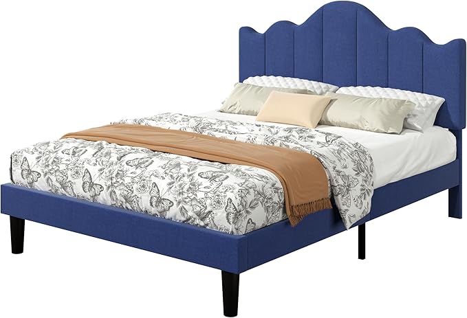 VECELO Queen Size Upholstered Platform Bed Frame with Adjustable Headboard, Wood Slat Support and Noise-Free, No Box Spring Needed, Easy Assembly, Blue