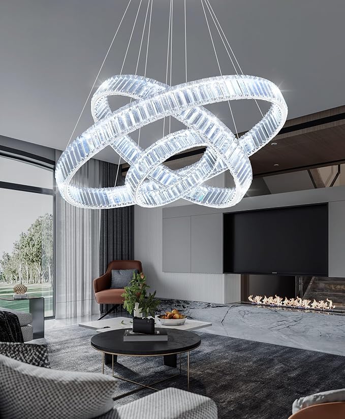 16‘’+24‘’+32'' Modern Ring Chandelier Crystal Chandeliers for Dining Room Round LED Dimmable Ceiling Light Fixture for Living Room Bedroom Lighting Gold