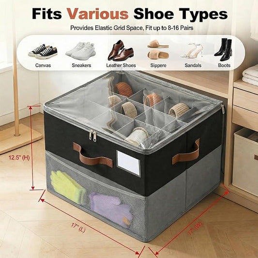 Shoe Organizer for Closet, Foldable Shoe Rack with Clear Cover, Adjustable Dividers for 16 Pairs, Storage Cubby for Wardrobe, Grey & Black