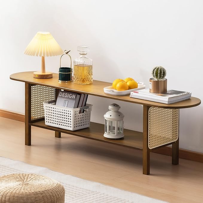Bamboo TV Stand for TVs up to 65", Accent Entertainment Center with Storage, Media Console Table with Rattan, Modern TV Stand for Living Room, Bedroom, 55"(L), Walnut