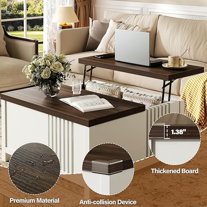 Farmhouse Lift Top Coffee Table with Storage, 35" Square Large Coffee Table with Hidden Compartment, Rustic Wood Center Table for Living Room, White