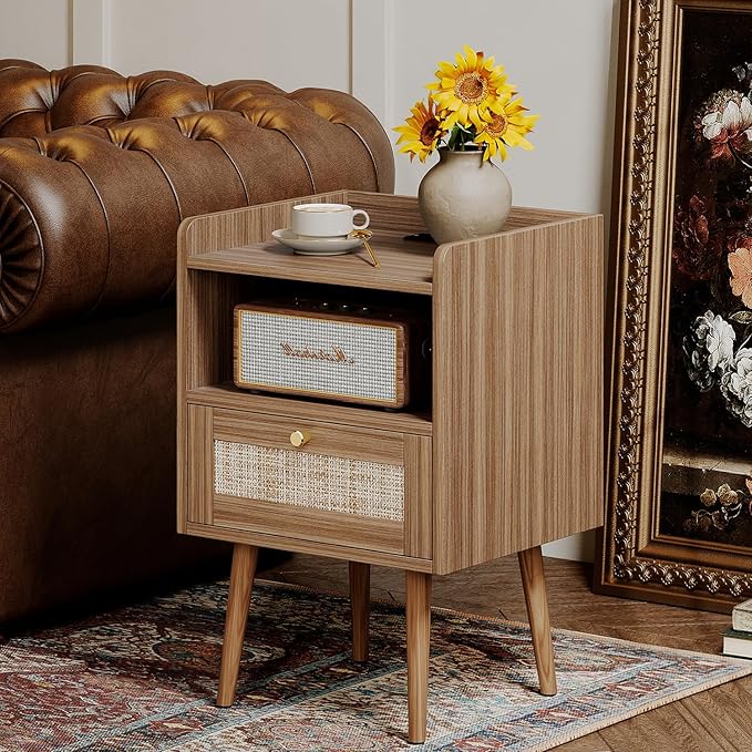 Night Stand Set 2, Nightstands Set of 2 with Charging Station, Rattan Side Tables with Solid Wood Legs, Boho Bedside End Table for Farmhouse Bedroom Dorm Small Space - Brown