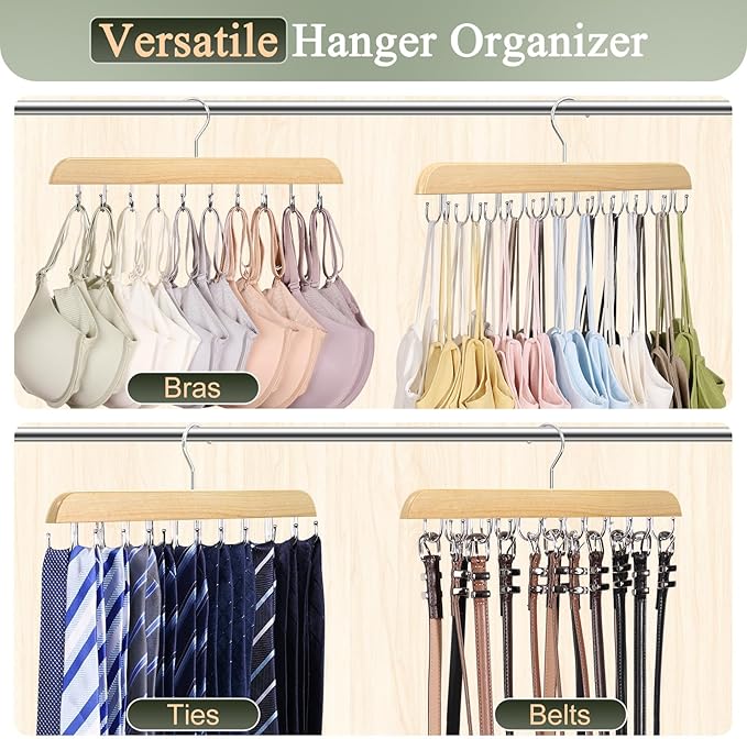 2 Pack Bra Hangers for Closet Organizer, Round Rectangle Bra Organizer with 40 Stainless Steel Hooks, Wooden Tank Top Hanger, Closet Organizers and Storage for Bras Camis Belts Ties, Natural Hanger
