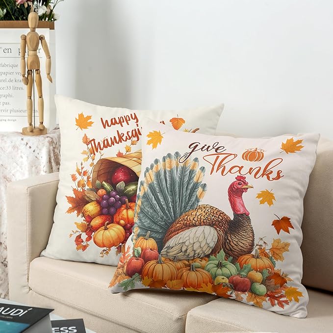 Set of 2 Thanksgiving Throw Pillow Covers 16x16 Turkey with Autumn Pumpkin Pillow Covers Fall Harvest Pillow Case Square Cushion Case for Living Room Couch